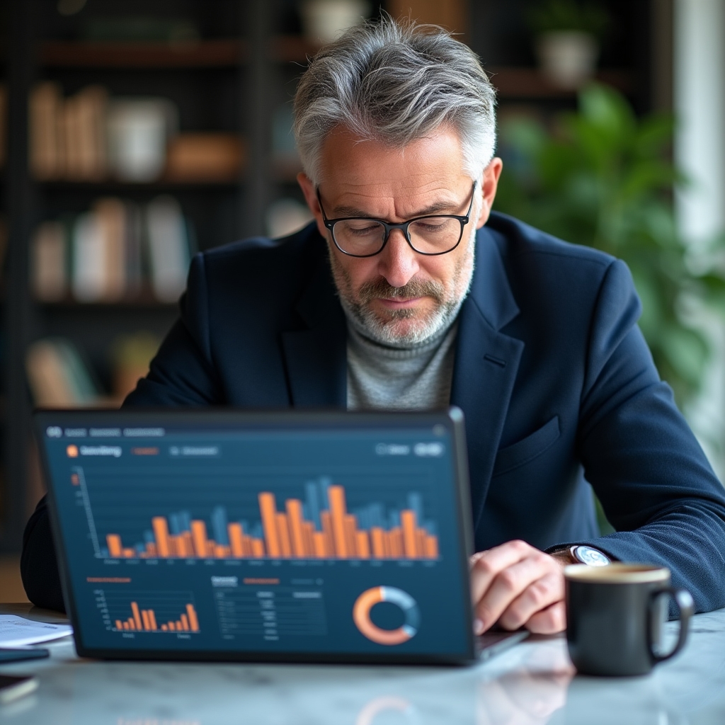 Manager analysiert Daten-Dashboard auf Laptop