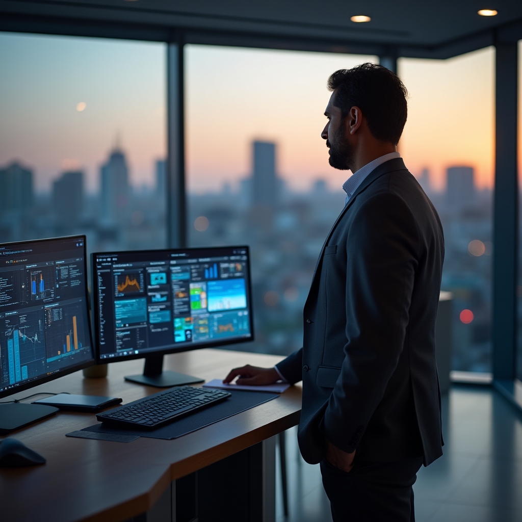 Manager nutzt digitale Tools am modernen Arbeitsplatz